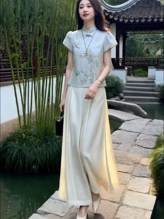 拉夏贝尔新中式国风套装女2025夏季新款洋气上衣垂感阔腿裤两件套#改良版新中式女装 #新中式穿搭 #国风套装 #两件套