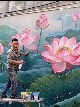 粉丝喜欢,接着画,荷花不只是水里,墙上也可以,感谢大家支持❤️#墙绘壁画 #承接各类墙体彩绘#幼儿园,#文化墙
