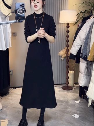 【现货+送运费险半高领长款显瘦配大衣打底连衣裙女生韩系ins衣服#小个子穿搭 #显瘦显高显腿长 #打底裙穿搭
