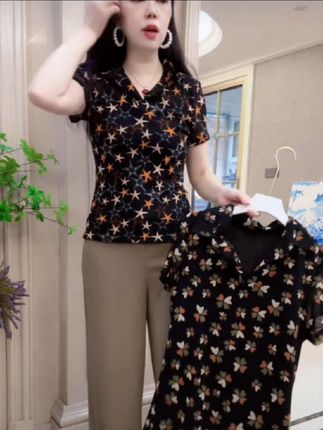 A150方领网纱上衣女夏2025新款碎花短袖百搭时尚气质洋气小衫t恤