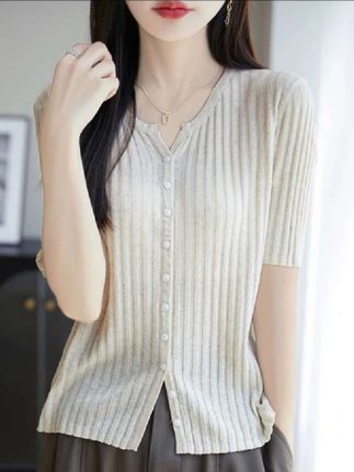 夏季新款天丝亚麻百搭显瘦竖坑条扣子可打开针织衫#高级感穿搭 #减龄气质 #今日穿搭分享 #优雅气质