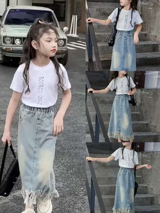 女童夏季套装2025新款韩版牛仔流苏半身裙短袖T恤时髦裙子#夏季穿搭 #高品质童装 #生女儿就要这样穿 #生女儿就是用来打扮的 #女童套装