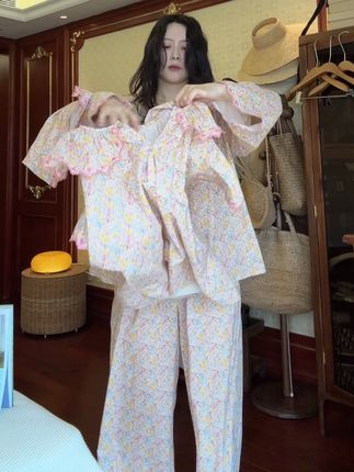 小花边刺绣好法好清新、舒适爽朗的感觉 #温柔风穿搭 #穿搭女装 #温柔穿搭 #家居服套装 #睡衣穿搭