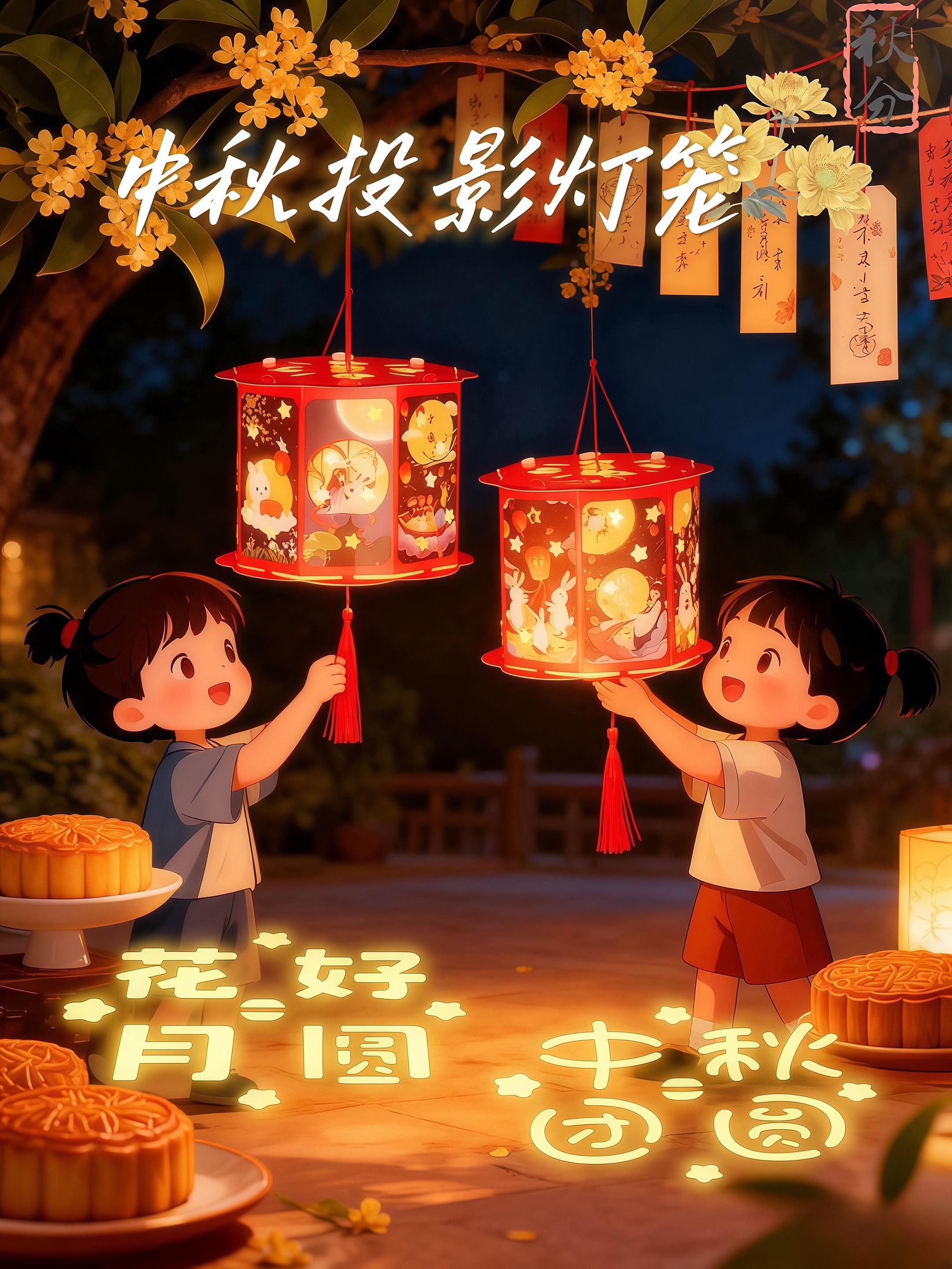 孩子们喜欢的投影中秋灯笼 中秋夜,明月高悬,将古老的庭院洒得一片银白。小雅身着淡雅汉服,发髻上簪着精致步摇,手持两只绘有玉兔、月宫等中秋元素的红灯笼,欢快地穿梭在挂满灯笼的庭院中。 庭院里,家人们正忙着摆月饼、瓜果。小雅提着灯笼,跑到院中央,灯笼上的图案在月光下愈发灵动,投下“花好月圆”“中秋团圆”的暖光。她轻轻转动灯笼,光影流转,仿佛把月宫的美好也带到了庭院。 家人们围坐在一起,吃着月饼,听着小雅讲玉兔捣药的传说,笑声、谈话声与灯笼的暖光交织,在这中秋夜,凝成一幅温馨团圆的画卷,诉说着阖家欢乐的幸福。 #创意diy #灯会 #小朋友最爱 #中秋节 #灯笼