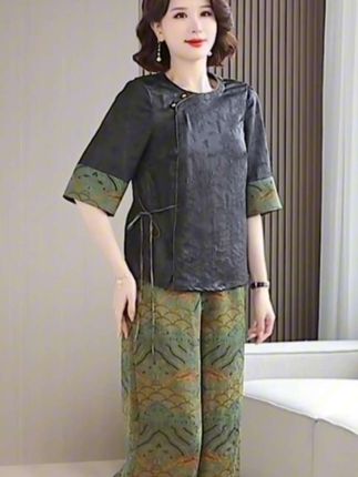 #仿桑蚕丝妈妈夏装凉爽套装阔腿裤印花提花缎面上衣裤子两件套女夏#夏季穿搭