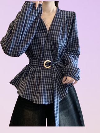 大码女装遮肚子法式复古格子长袖衬衫女春秋胖mm收腰绑带正肩上衣