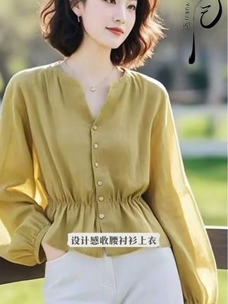 #超好看独特漂亮老钱风芥末绿色衬衣女士长袖衬衫 #设计感收腰衬衫 #上衣衬衣 #洋气小衫 #时尚女装穿搭
