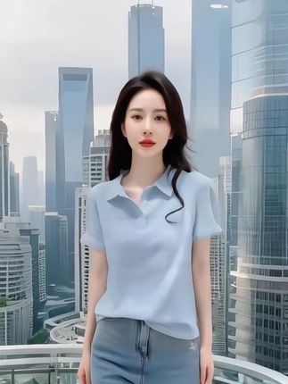 #休闲减龄穿搭 #青春活力 高级感蓝色卷边polo领短袖T恤女夏季慵懒风宽松显瘦薄款简约上衣