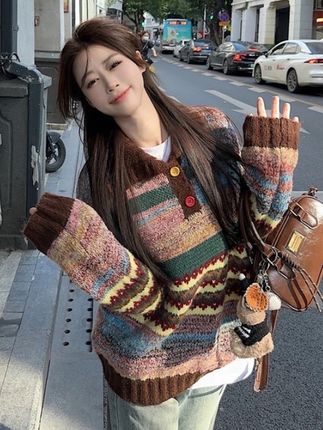 【优芭拉】彩色条纹翻领毛衣女冬季加厚设计感长袖减龄针织套头上衣#设计感#气质#穿搭#穿搭分享 #高级感