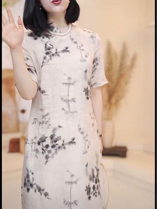 #美出高级感 #谁穿谁好看 #国风古韵 原形减龄气质中式优雅亚麻连衣裙2025夏印花宽松显瘦旗袍裙U89180#仙女必备 #显瘦穿搭