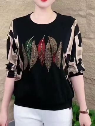 2025年秋季新款烫钻长袖大码女装妈妈装 #这样穿太好看了 #大码女装 #显瘦遮肉 #面料柔软舒适 #胖瘦都能穿