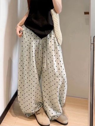 重工亚麻~波点印花松紧腰薄款棉麻休闲裤女夏季松弛感阔腿弯刀裤#夏季穿搭 #显高显瘦 #女装 #夏款上新 #春夏穿搭