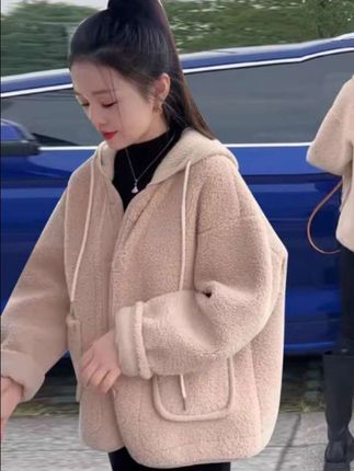 连帽毛毛一体外套女装宽松休闲保暖毛毛上衣