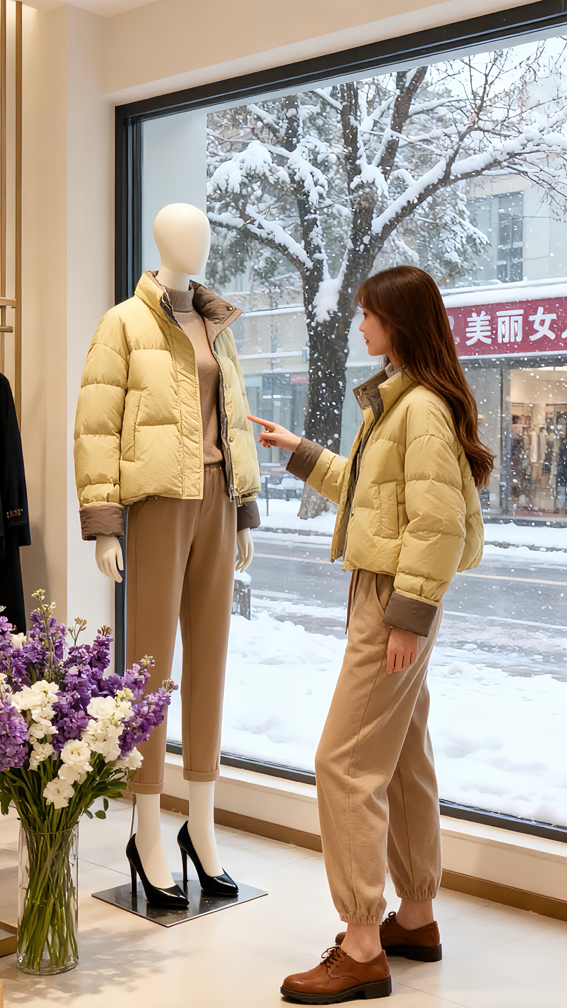 《雪日的穿搭奇遇》  初雪那天,林薇在“美丽女人”店邂逅了这件鹅黄色棉服。她指着模特身上的同款,对身边的金毛说:“你看,像为我量身定制。”浅棕内搭、卡其裤、棕皮鞋,一套穿起,窗外雪景都成了背景。这个冬天,温暖与时尚,她都要。#棉服  #秋冬穿搭 #反季特卖 #小个子穿搭 #外套