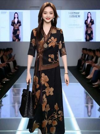 高级感老钱风女式印花拼接出游A字裙女2025夏季新款贵夫人V领长裙#气质连衣裙 #气质女神穿搭 #时尚气质穿搭 #时尚穿搭 #夏装新款