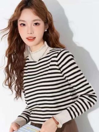 #女装搭配 #打底衫 条纹蕾丝半高领针织打底衫长袖洋气时尚百搭薄款上衣女 @DOU+小助手 @DOU+上热门