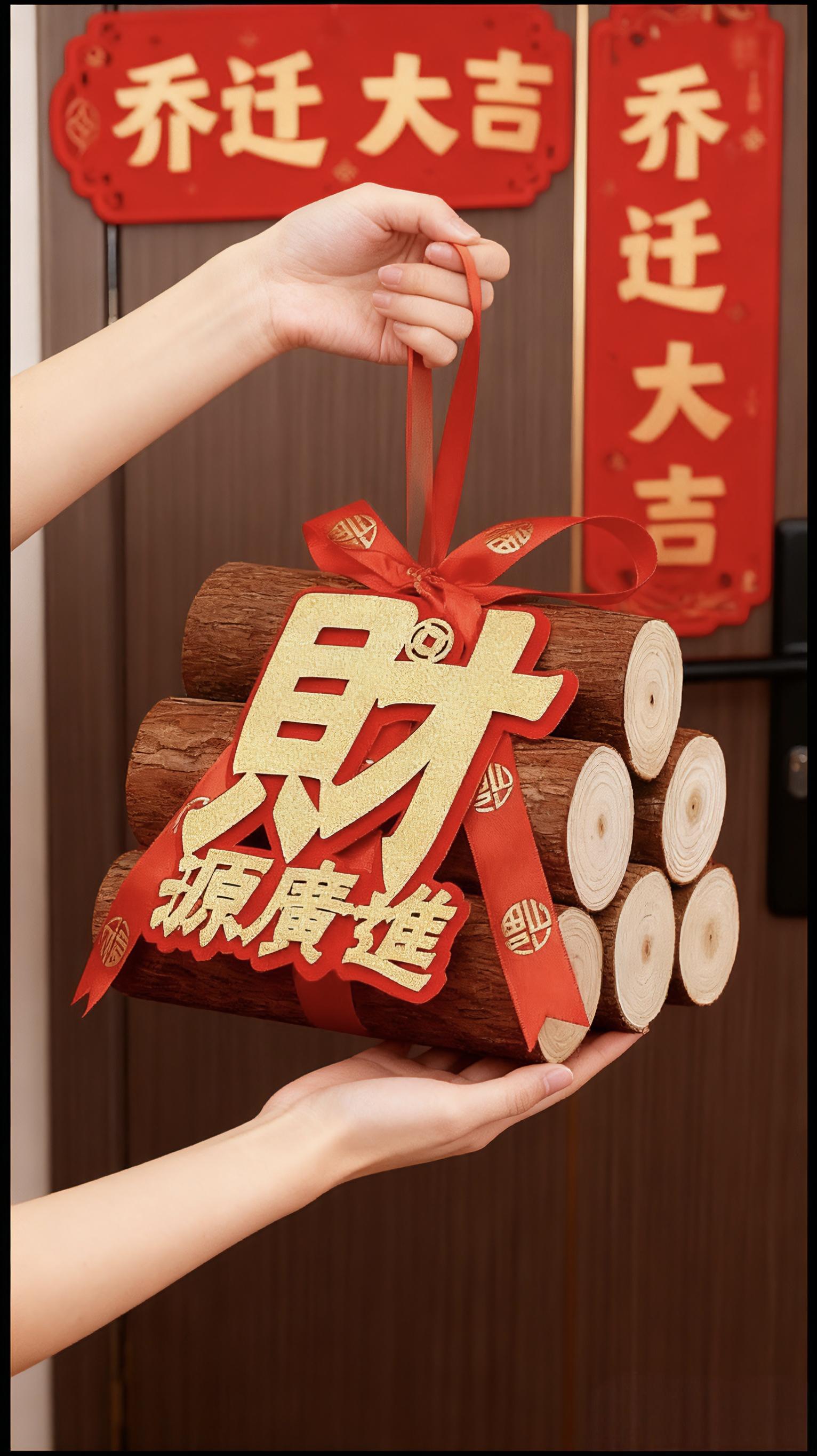 乔迁柴火摆件。乔迁新居,讲究“开门见财”“财源广进”。这款乔迁之喜金葱柴火摆件,以实木为材,搭配金葱质感的“財源廣進”装饰,红绸带蝴蝶结点缀,既是传统民俗里“开门见柴(财)”的吉祥寓意载体,又以精致工艺成为新家软装的喜庆亮点。 搬家时摆于玄关、客厅,瞬间拉满乔迁仪式感,让新居从入户起就萦绕“财源滚滚、家运兴旺”的美好期许,是你搬家清单里不能少的吉祥好物~ #乔迁柴火摆件 #乔迁之喜大吉大利 #每日分享 #上热搜 #好物推荐🔥