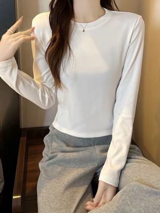 【小个子专属】2025新款打底衫显瘦春秋长袖白色百搭修身圆领秋季女#内搭外穿都好看 #极简穿搭 #百搭款 #打底衫 #长袖t恤