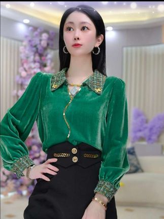 【陈米米设计师品牌】【绿宝石】气质金丝绒百搭洋气减龄衬衫女DY5438#面料柔软舒适 #谁穿谁好看 #减龄气质 #女人味穿搭 #穿出你的时尚你的感觉