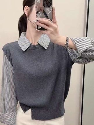 秋季新款法式拼接针织假两件条纹衬衫女高级设计感长袖针织-X3000#面料柔软舒适 #质量杠杠滴 #假两件针织衫 #高级感穿搭