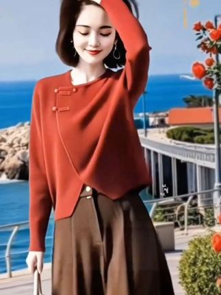 设计感不规则新中式盘扣针织衫上衣女2025春秋新款气质半身裙套装#新中式盘口针织上衣➕新款气质半身裙套装