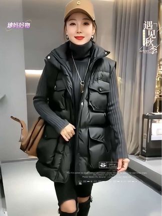 #欧货秋冬季新款马甲,#2025咖色中长款棉服马甲,#高级感小众马甲外套#时尚减龄穿搭