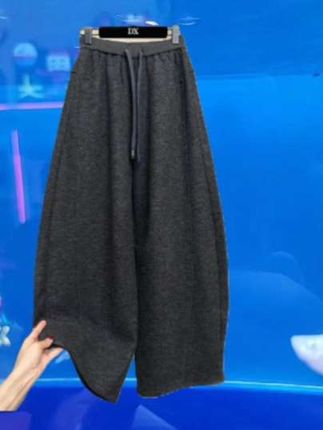 高端欧货秋冬新款今年流行好看加绒高腰绑带宽松直筒休闲裤毛呢裤#暖fufu的冬日ootd #休闲出游装休闲裤