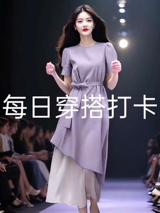 夏日绝美小裙子独特漂亮气质高级感收腰显瘦大码紫色假两件连衣裙
