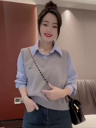 设计感时尚拼接衬衫女2024秋季新款小个子洋气显瘦减龄假两件上衣#强烈推荐 #上热搜 #秋季穿搭 #显瘦穿搭 #小个子穿搭