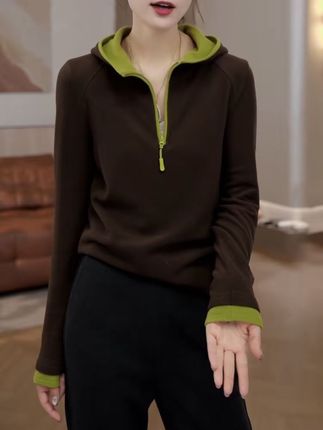 撞色连帽打底衫女秋冬内搭2025年新款半开领拉链保暖休闲长袖上衣#高级感穿搭 #女性气质穿搭 #时尚感穿搭 #减龄显瘦穿搭 #潮流时尚穿搭