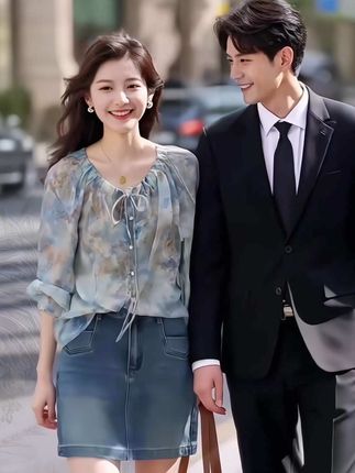 复古碎花雪纺衬衫,女夏季2025新款七分袖,时尚复古衬衣,宽松薄款上衣#女装穿搭#