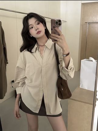 秋季新款法式设计感蕾丝花边拼接衬衫宽松单排扣长袖V领显瘦上衣