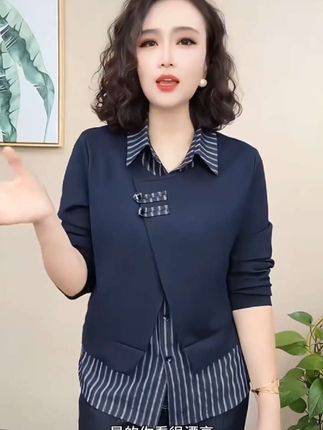 气质翻领女装时尚套装假两件早秋休闲风拼接显瘦洋气长袖#好好看面料很舒服
