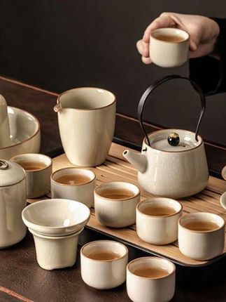 #米黄汝窑茶具套装 #家用淘瓷盖碗茶具套装 #功夫茶茶杯 米黄汝窑茶ͤ具̺套装家͍用陶瓷盖̳碗ͤ茶壶功夫茶茶杯̀轻奢小型茶具套装