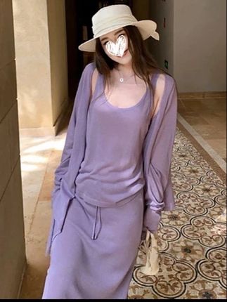 洋气衣服女夏季慵懒风长袖防晒针织开衫+吊带背心+半身裙三件套装#洋气穿搭#慵懒风穿搭#夏季穿搭#气质穿搭 #套装穿搭