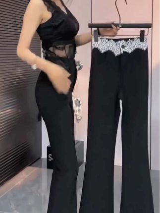 蕾丝花边西装微喇裤女早秋新款大码胖mm修身显瘦弹力马蹄喇叭裤子#早秋穿搭 #微喇裤 #显高显瘦显腿长 #穿出高级感 #时尚百搭