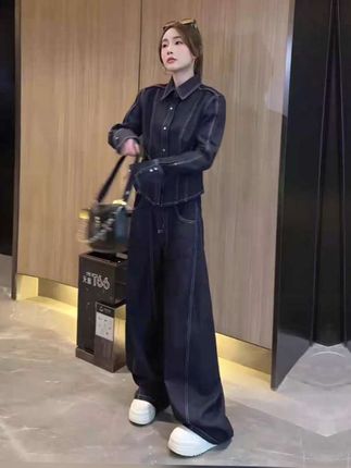 高级感明线设计气质收腰牛仔外套高腰牛仔长裤女套装2025春季新款#时尚套装 #气质套装 #牛仔套装#牛仔穿搭 #谁穿谁好看