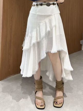 设计感不规则蕾丝花边半身裙女夏季新款时尚松紧腰显瘦a字长裙#半身裙#A字长裙#夏季新款女装 #不规则半身裙 #蕾丝花边裙子
