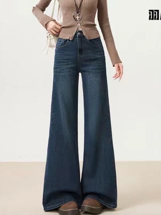 深蓝高腰喇叭牛仔裤女款爆款2025新款秋季复古弹力不贴腿微喇裤子#今日穿搭 #气场全开 #牛仔裤穿搭 #显瘦搭配 #显瘦显高
