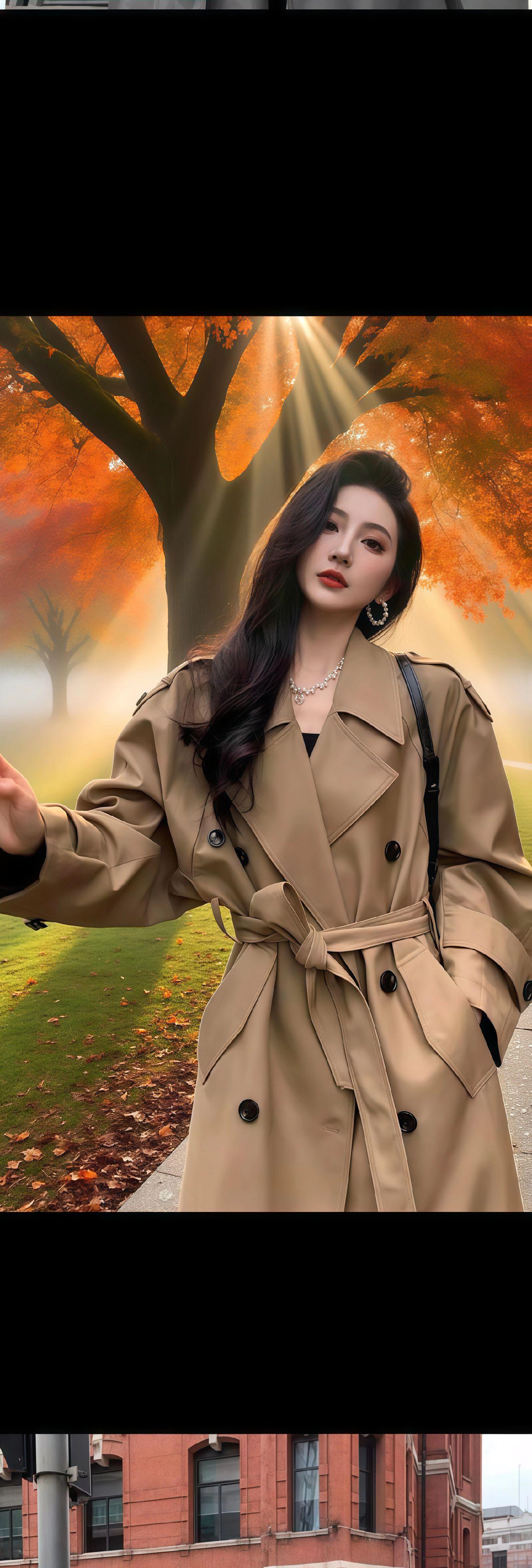 秋日邂逅。🍂 枫叶染红的公园小径,阳光透过枝桠洒在她身上。卡其色风衣如秋日情书,双排扣藏着复古心事,腰带轻束间,垂感面料随落叶起舞。行走时,每一步都踩着心动节拍,仿佛下一秒就会转角遇见爱。 ✨ 这件风衣自带柔光滤镜,把浪漫穿在身上。#气质风衣穿搭 #御姐风 #优雅气质 #高级感穿搭 #风衣穿搭
