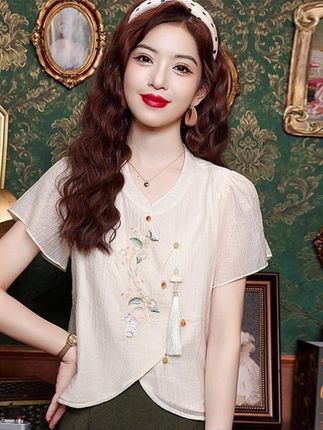 【送吊坠】刺绣小衫2025夏季宽松短袖中国风不规则盘扣衬衫上衣女#小衫女 #国风穿搭 #不规则上衣 #宽松短袖 #衬衫女