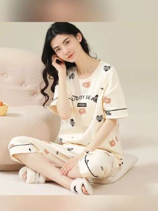 莫代尔纯棉睡衣女款夏季薄款短袖七分裤可爱卡通宽松家居服可外穿