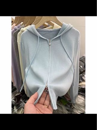 双拉链长袖针织衫开衫女上衣2025早春新款休闲洋气外搭连帽衫毛衣#开衫 #秋季穿搭 #穿搭 #早秋穿搭 #气质