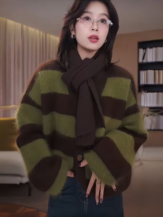 老琴私服【森屿极光】琥珀流光风兔毛绵羊毛条纹拉毛毛衣女冬 3336#琥珀流光穿搭 #绵羊毛 #显瘦穿搭 #松弛感穿搭 #毛衣