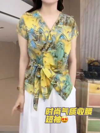 2025夏季新款山水画休闲短袖气质百搭V领显瘦开衫扣上衣小衫631#v领气质短袖 #气质短袖 #开衫短袖 #显瘦短袖女 #短袖女装