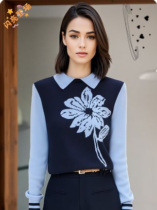 新款春秋翻领蔷薇绣花长袖针织衫时尚显瘦韩版减龄女单穿减龄#翻领针织衫 #针织毛衣 #减龄针织衫 #针织衫