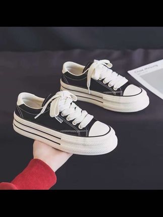 人本秋季新款帆布鞋女鞋厚底百搭低帮女士休闲鞋学生板鞋潮鞋增高#夏季穿搭 #透气舒适