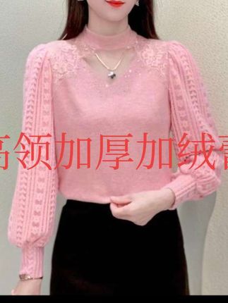 中秋 女款爆款2025洋气时尚百搭高领拼接加绒加厚蕾丝打底衫洋气衣服女