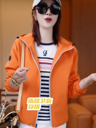 【橙逸雅行】休闲撞色外套拼接连帽显瘦立领冲锋衣XY25487