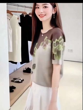 【品牌女装2025夏季新款圆领时尚针织短袖上衣洋气显瘦印花短袖T恤】